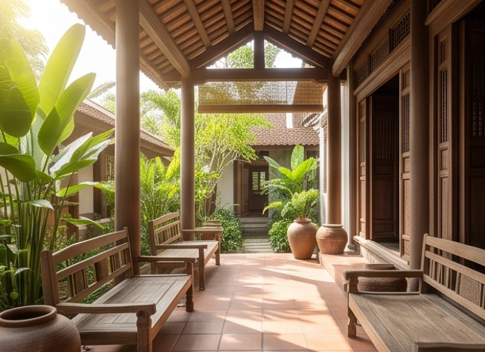 Không gian hiên nhà hướng Đông Nam thoáng mát mang lại năng lượng Phục Vị bình yên cho nữ chủ nhân