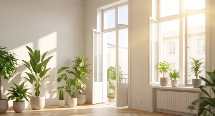 Khung cửa sổ rộng mở đón ánh nắng ban mai chiếu thẳng vào căn phòng có nhiều mảng xanh