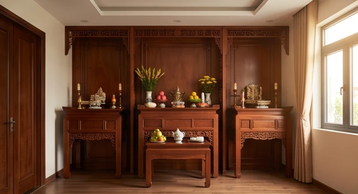 Góc phòng thờ trang nghiêm định hướng theo Bát trạch mang lại cát khí bình an cho gia chủ tuổi Nhâm Dần 1962