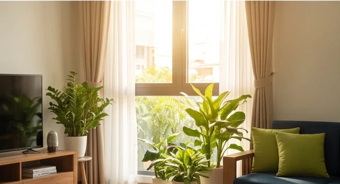 Khung cửa sổ lớn hướng Đông ngập tràn ánh nắng ban mai dịu nhẹ rọi vào bên trong góc phòng khách