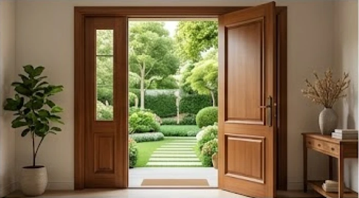 Thiết kế cửa chính bằng gỗ lim vững chãi mở ra khoảng sân vườn xanh mát đón tài lộc