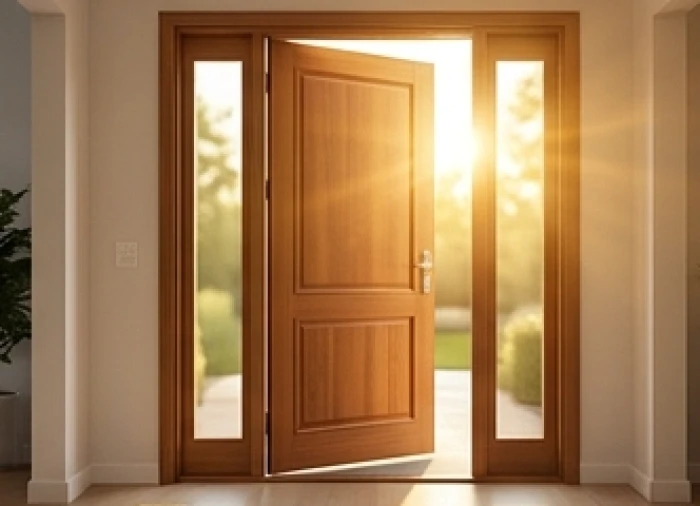 Cửa chính bằng gỗ mở ra đón ánh sáng tự nhiên tượng trưng cho sinh khí của tuổi canh ngọ 1990