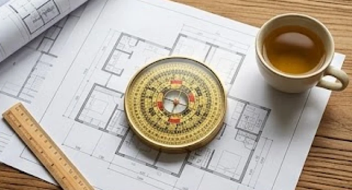La bàn bát trạch phong thủy đặt trên bản vẽ mặt bằng nhà giúp gia chủ xác định các hướng tốt Tây Nam và Đông Bắc
