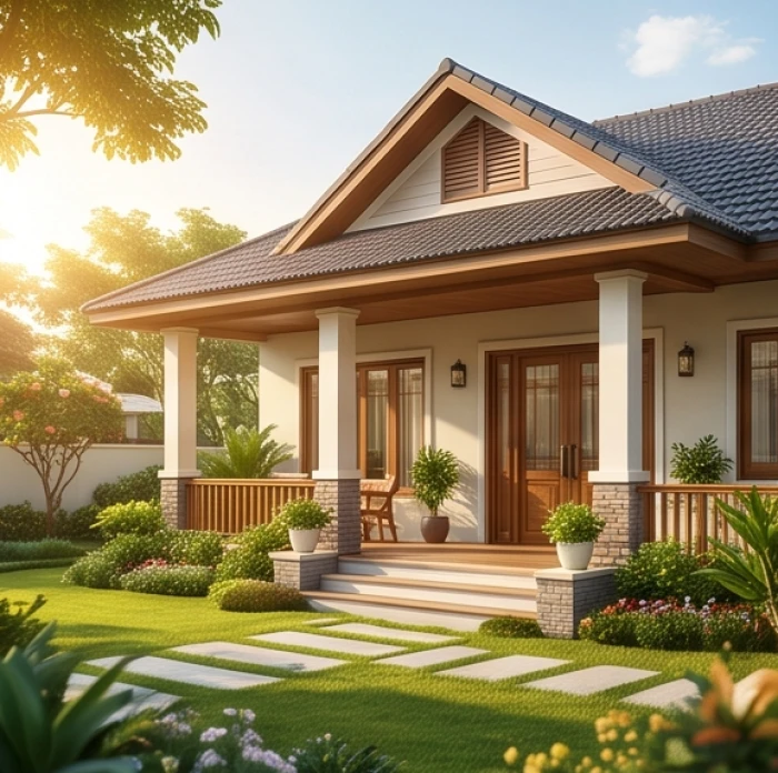 Mặt tiền ngôi nhà hướng đón ánh sáng cát lợi với tiểu cảnh sân vườn bình yên cho tuổi tân tỵ