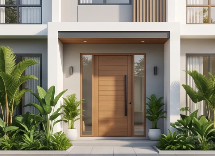 Mặt tiền ngôi nhà hiện đại có cổng chính đón gió mát và tránh các hướng đại kỵ Tây Bắc cho gia chủ nam tuổi 1973