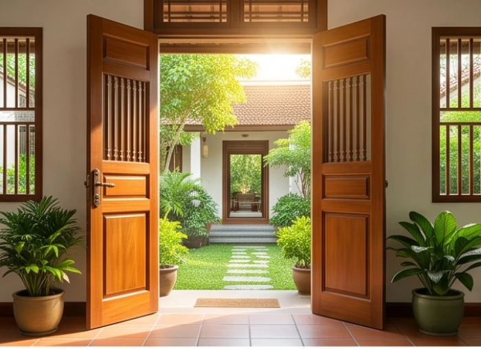 Cửa chính gỗ truyền thống mở ra hướng Đông Nam tràn ngập ánh sáng mặt trời mang cát khí cho gia chủ