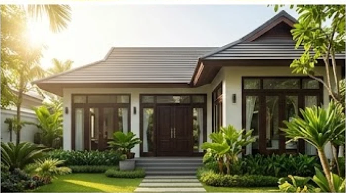 Mặt tiền ngôi nhà truyền thống đón ánh nắng ban mai với hướng cửa chính cát lợi