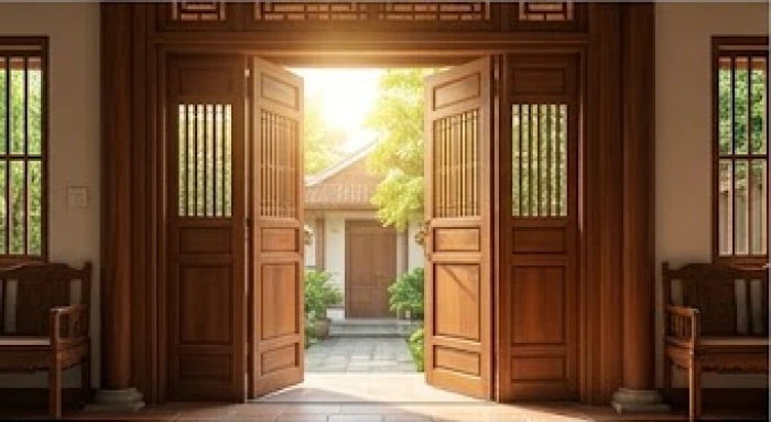 Cửa chính ngôi nhà gỗ truyền thống mở ra hướng đón ánh nắng buổi sáng rực rỡ mang lại luồng sinh khí tốt
