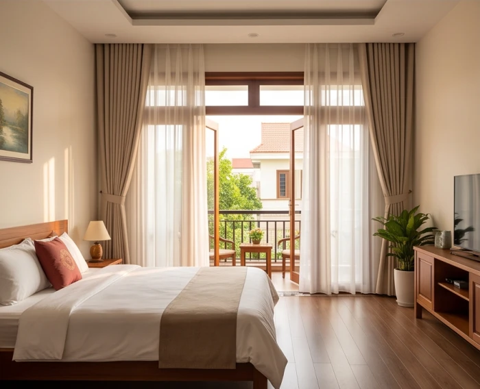 Phòng ngủ tràn ngập ánh sáng tự nhiên với ban công hướng Đông hợp phong thủy nữ mạng kỷ sửu 1949