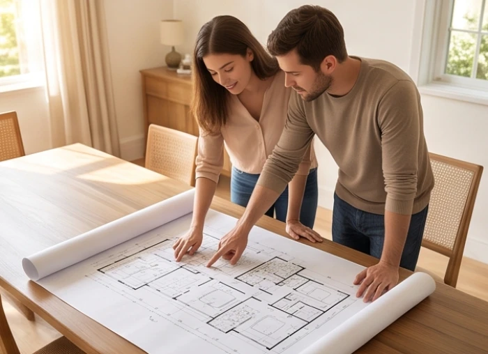 Cặp vợ chồng đang xem bản vẽ thiết kế mặt bằng cửa chính của ngôi nhà