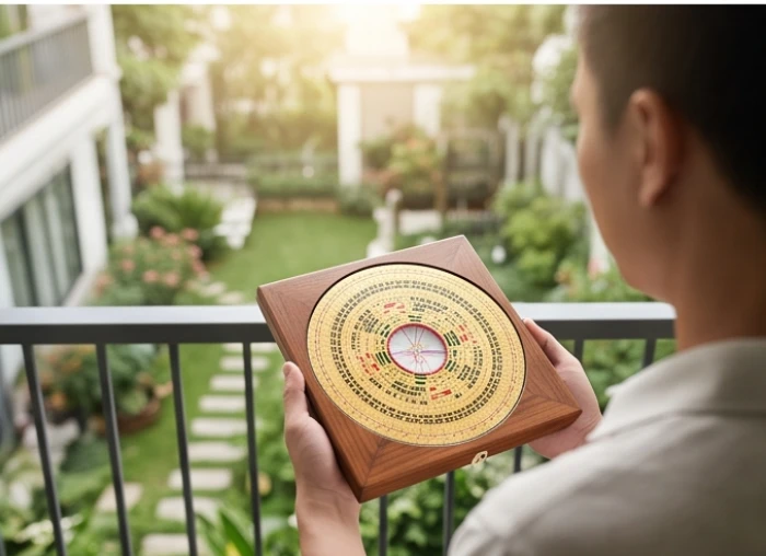 Gia chủ Giáp Tý 1984 kiểm tra hướng nhà Tây Bắc Tây Nam trên la bàn phong thủy để đón sinh khí hợp bản mệnh