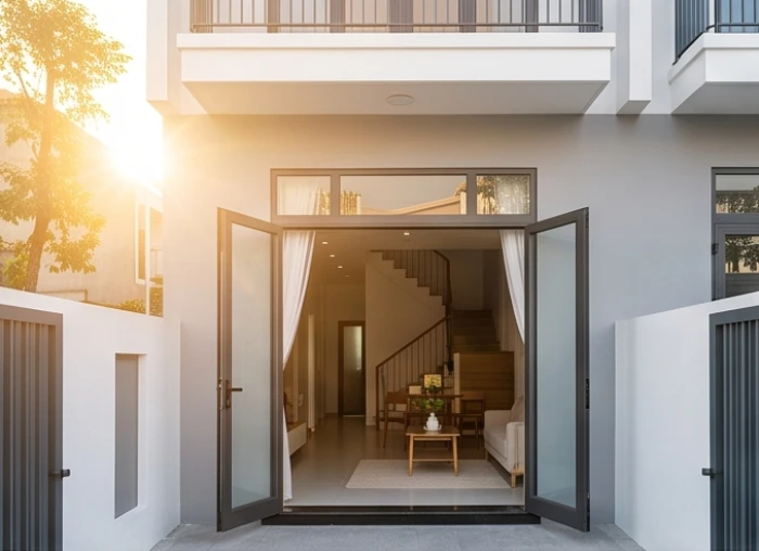 Mặt tiền ngôi nhà hiện đại mở cửa đón nắng sớm ở hướng Đông giúp nam Nhâm Tuất xua tan hung khí