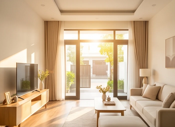 Không gian phòng khách đón ánh sáng từ cửa chính hướng Tây mang lại vượng khí cho nữ Nhâm Tuất