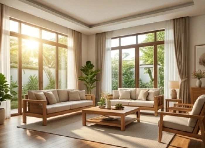 Phòng khách biệt thự thiết kế chuẩn hướng đại cát đón ánh sáng tự nhiên dành cho gia chủ tuổi Dần
