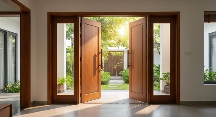Cửa chính gỗ căm xe hướng Đông Bắc đón ánh sáng tự nhiên và vượng khí cho nam gia chủ sinh năm 1959