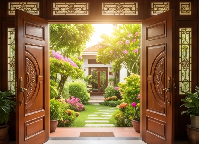 Cửa chính ngôi nhà mở ra không gian sân vườn ngập tràn ánh sáng đón luồng sinh khí