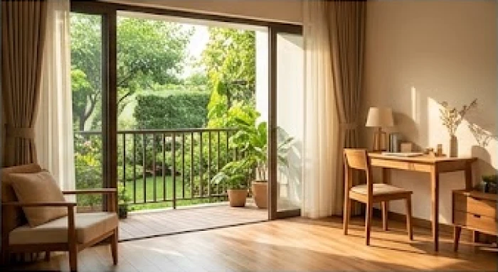 Ban công hướng Tây Nam đón ánh nắng buổi sáng chiếu rọi vào không gian nội thất gỗ sang trọng