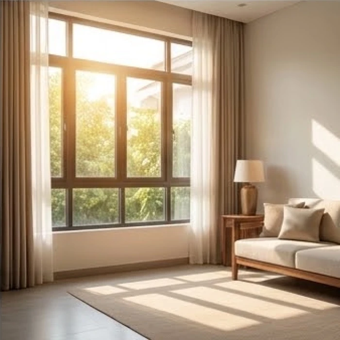 Cửa sổ lớn ở hướng Tây Nam đón ánh nắng mặt trời ấm áp chiếu vào căn phòng khách giữ cho không gian luôn khô ráo