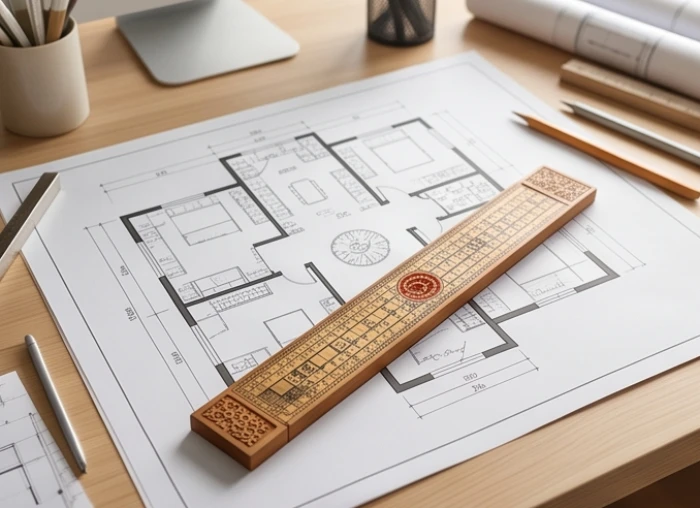 Bản vẽ thiết kế ngôi nhà định vị theo hướng Tây tứ trạch kết hợp với thước lỗ ban đo đạc phong thủy