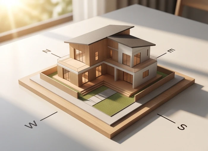 Mô hình ngôi nhà có cửa chính mở về hướng Tây Nam đón ánh sáng mặt trời rực rỡ mang lại sinh khí tốt lành