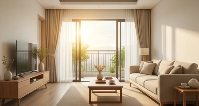Phòng khách hiện đại đón ánh sáng tự nhiên từ hướng Tây Nam với bộ sofa êm ái cùng bàn trà tinh tế