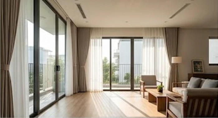 Cửa kính lớn hướng Đông đón ánh nắng ban mai trong lành vào phòng khách cho nam gia chủ Cung Tốn