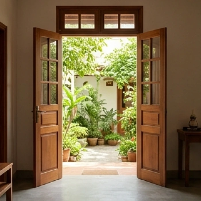 Cửa chính ngôi nhà hướng nam mở rộng đón ánh sáng mặt trời tự nhiên mang lại dòng cát khí cho gia chủ cung chấn