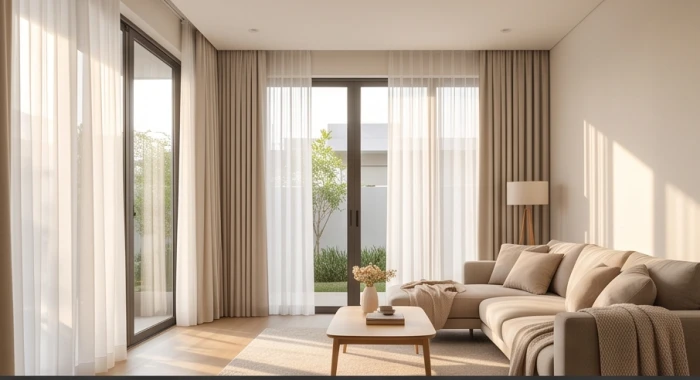 Cửa chính ngôi nhà gỗ hiện đại mở rộng đón ánh nắng sớm ấm áp chiếu rọi vào phòng khách