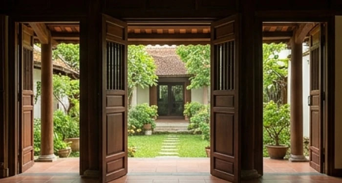 Cửa chính gỗ tự nhiên mở rộng đón ánh sáng ban mai theo phương vị cát tường cho ngôi nhà