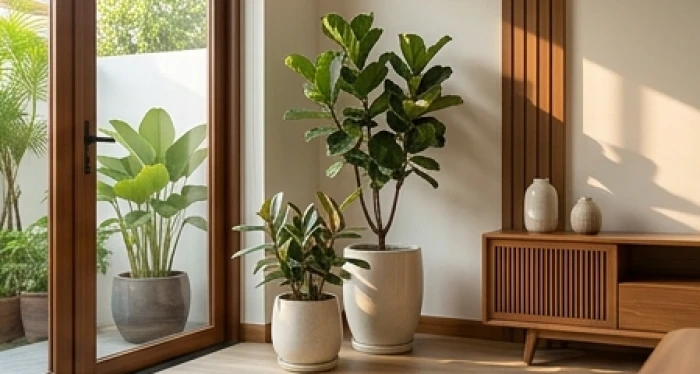 Phòng khách tràn ngập ánh sáng với cây xanh trang trí hợp mệnh Bình Địa Mộc của gia chủ Mậu Tuất