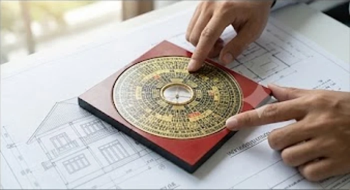 Chiếc la bàn phong thủy đặt trên bản vẽ thiết kế để xác định chính xác hướng cửa chính