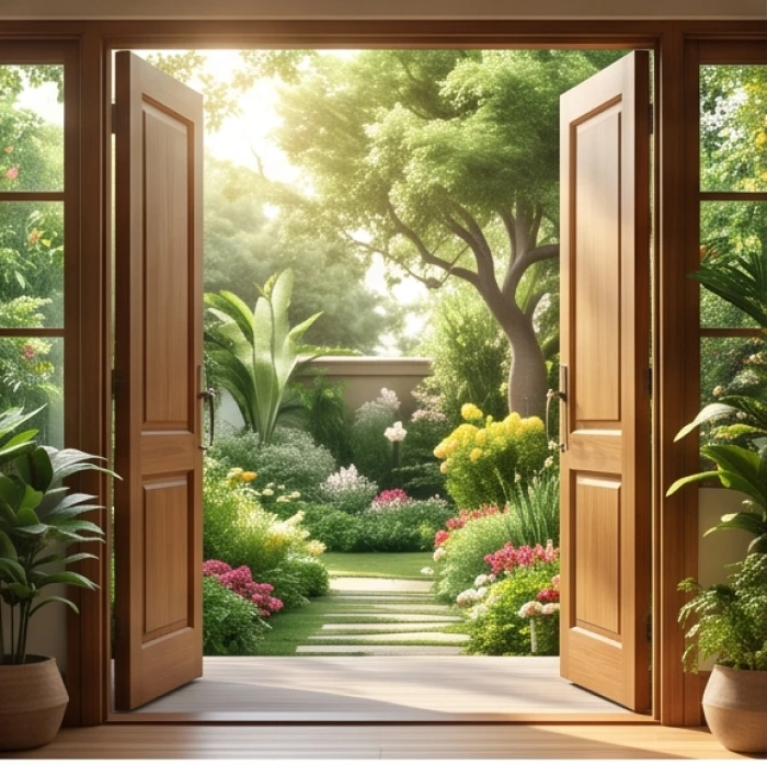 Cánh cửa gỗ lớn mở ra khoảng sân vườn ngập tràn ánh nắng và cây xanh mát mẻ