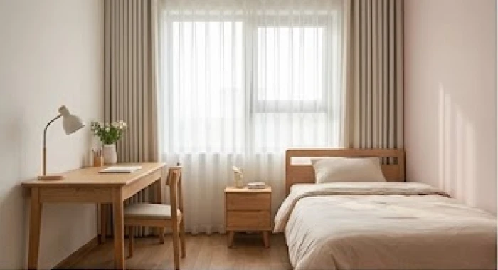 Góc học tập và giường ngủ được sắp xếp hài hòa cho bé trai và bé gái tuổi Mậu Tuất