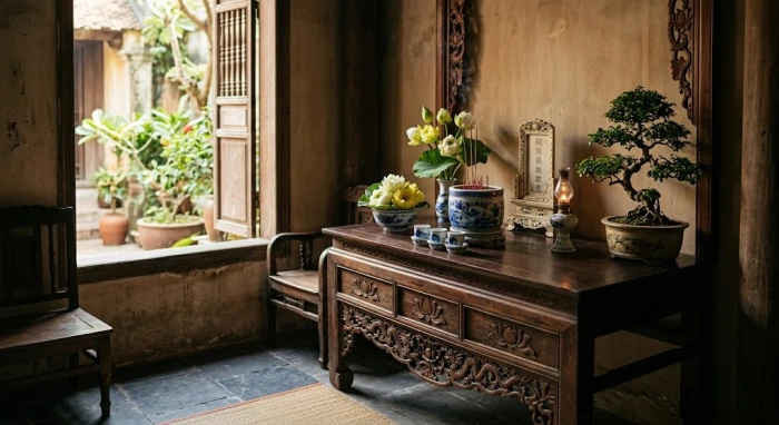 Không gian phòng thờ truyền thống Việt Nam thanh tịnh giúp gia chủ hiểu rõ hướng phục vị là gì