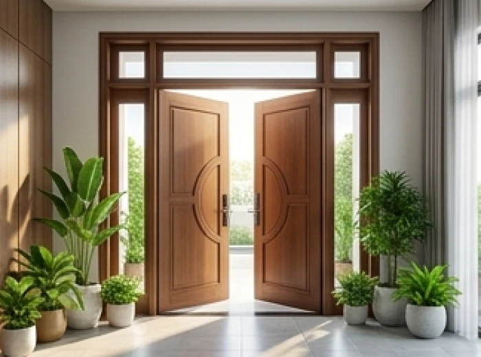 Cửa chính ngôi nhà mở rộng đón ánh sáng tự nhiên từ hướng Sinh Khí