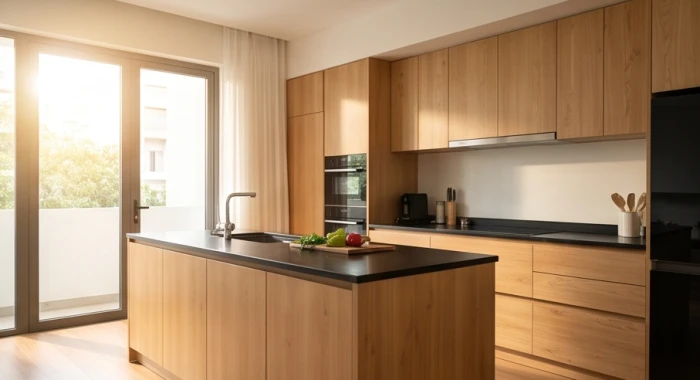 Không gian bếp sạch sẽ đón ánh sáng tự nhiên từ phương vị cát lợi giúp tụ khí tài lộc