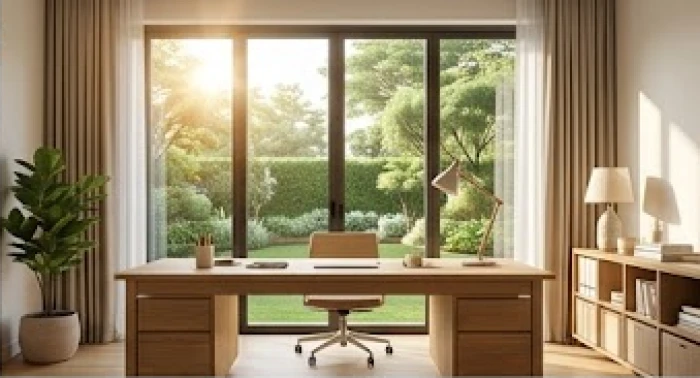 Bàn làm việc bằng gỗ sồi đặt hướng ra cửa sổ lớn đón luồng vượng khí vào buổi sáng sớm