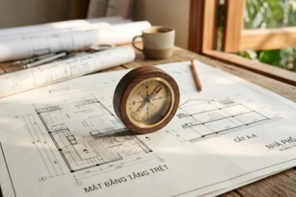 Chiếc la bàn bằng gỗ truyền thống đặt trên bản vẽ kiến trúc nhà ở để giải đáp hướng sinh khí là gì