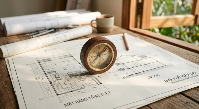 Chiếc la bàn bằng gỗ truyền thống đặt trên bản vẽ kiến trúc nhà ở để giải đáp hướng sinh khí là gì