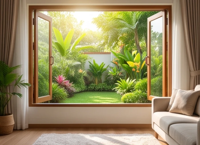Khung cửa sổ rộng mở đón ánh sáng bình minh chiếu vào phòng khách mang lại nguồn vượng khí dồi dào