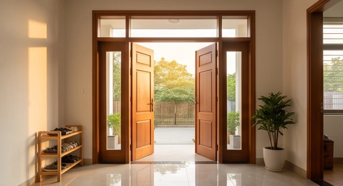 Cửa chính gỗ tự nhiên hướng Đông đón ánh nắng ban mai rực rỡ vào không gian sống của nữ gia chủ sinh năm 1958