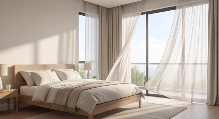 Không gian phòng ngủ thông thoáng đón năng lượng Sinh Khí và Thiên Y từ cửa sổ lớn