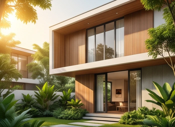 Mặt tiền ngôi nhà biệt thự sang trọng quay về hướng Tây Bắc đón ánh sáng ấm áp vào ban mai