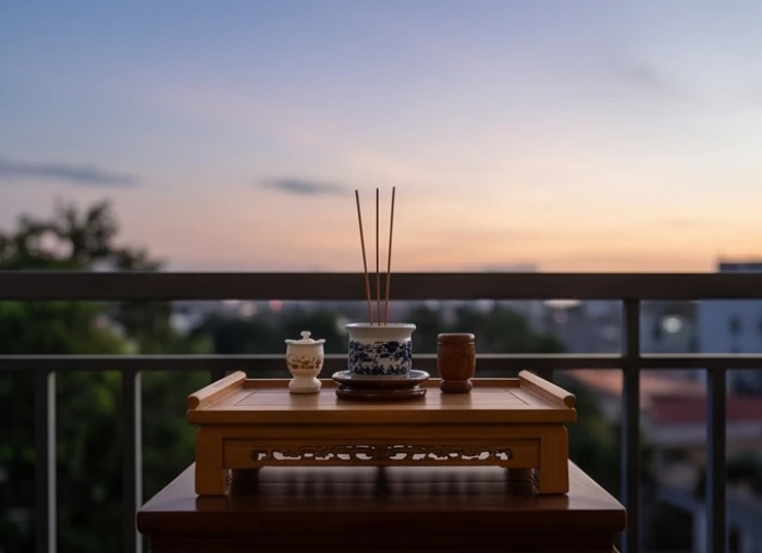 Bàn lễ nhỏ được đặt ngoài ban công hướng về phía mặt trời lặn
