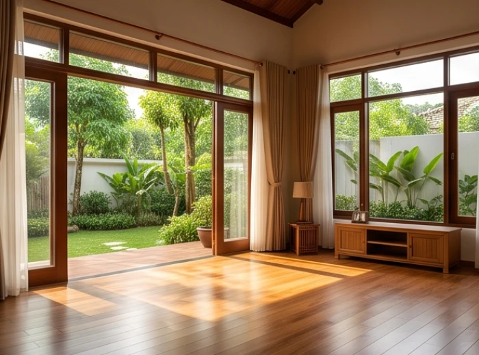 Không gian phòng khách ban ngày đón nhận ánh sáng ấm áp từ các cửa sổ mở về nhóm hướng Tây Tứ Trạch