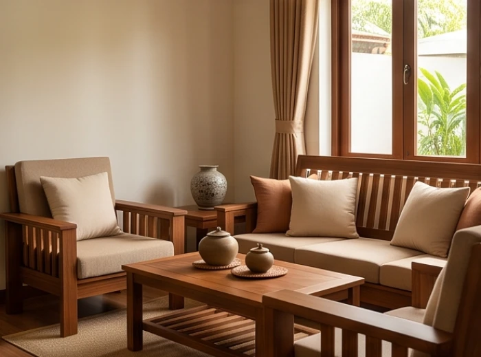 Không gian sinh hoạt chung ấm cúng của gia đình nhiều thế hệ được bố trí gọn gàng tại cung Diên Niên