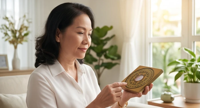 Người phụ nữ tuổi trung niên xem la bàn phong thủy để chọn hướng xuất hành cát lành tại phòng khách yên tĩnh