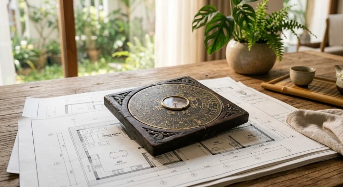 Mô hình la bàn bát trạch trên bản vẽ thiết kế nhà ở giúp gia chủ hiểu rõ hướng tuyệt mệnh là gì