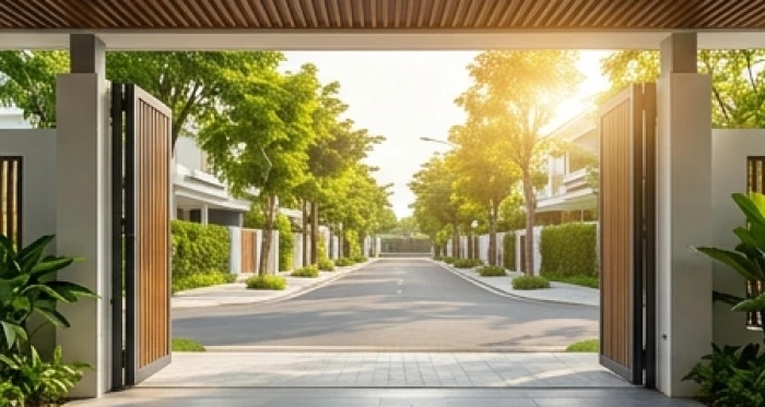 Con đường trải nhựa bên ngoài cổng nhà tràn ngập ánh nắng buổi sáng đón gia chủ xuất hành thuận lợi