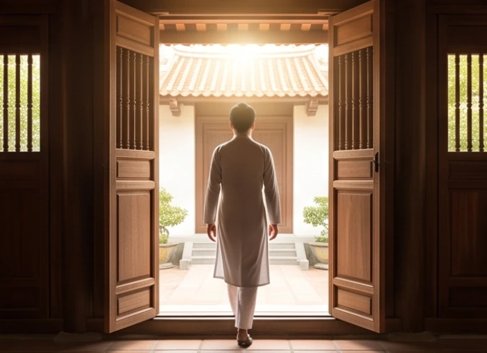 Người đàn ông bước ra khỏi nhà vào buổi sáng sớm ngập tràn ánh nắng hướng về phía Đông